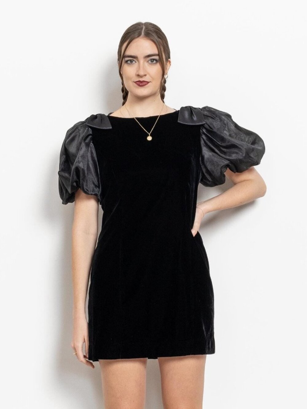 VELVET HOLIDAY DRESS Cocktail Mini Black Velour Vintage Puff Sleeves Rhinestones